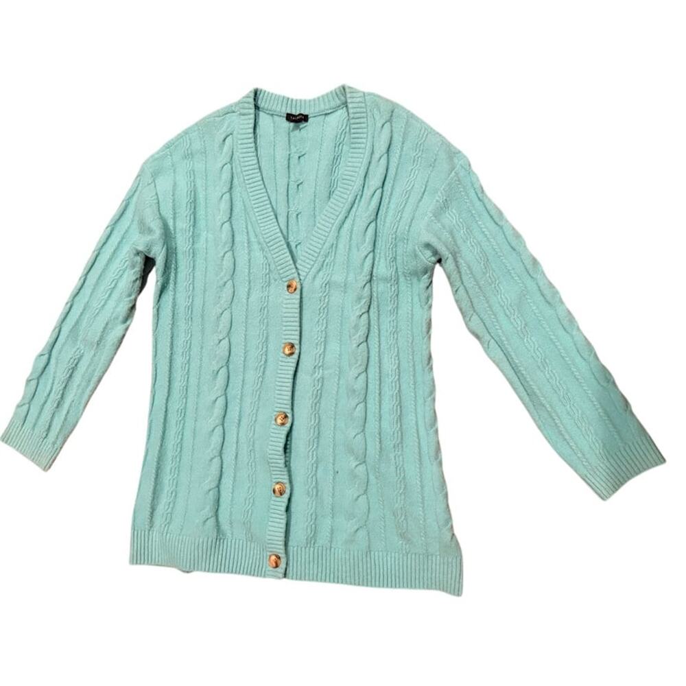 Talbots cardigan button up Wool Cozy warm Sweater large teal blue winter
